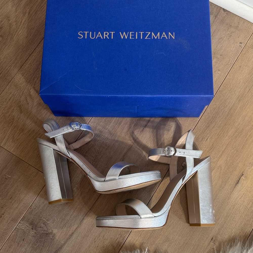 Stuart Weitzman Dancer Block 120 Metallic Silver Platform Heels
